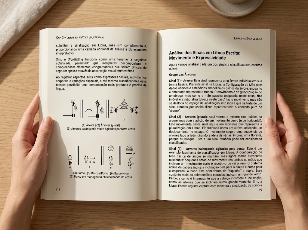Páginas 118 e 119 do livro, com diagramas em Escrita de Sinais dos classificadores de "árvore" e "barco"