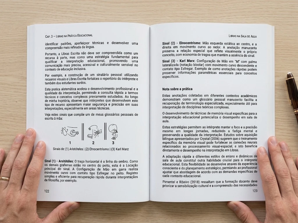 Páginas 122 e 123 do livro, com o glossário pessoal desenhado à mão do autor para os sinais de "Aristóteles", "Etnocentrismo" e "Karl Marx"