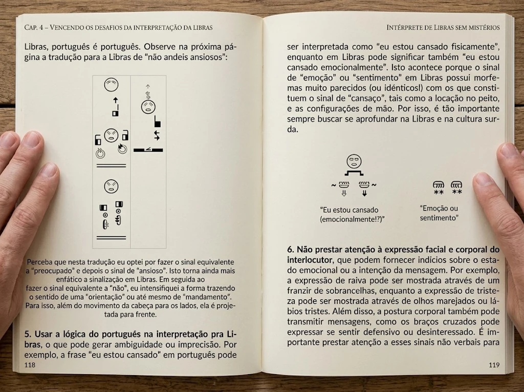 Páginas 118 e 119 abertas, comparando a tradução de uma frase e mostrando por que os sinais de cansaço e de emoção se confundem