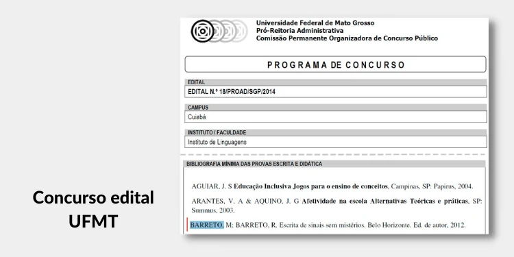 Print de edital de concurso citando o livro Escrita de Sinais sem Mistérios: Concurso edital UFMT-2