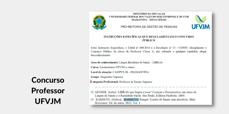 Print de edital de concurso citando o livro Escrita de Sinais sem Mistérios: Concurso Professor UFVJM