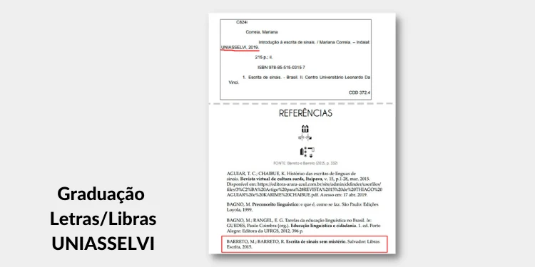 Print de graduação citando o livro Escrita de Sinais sem Mistérios: Graduação Letras-Libras UNIASSELVI