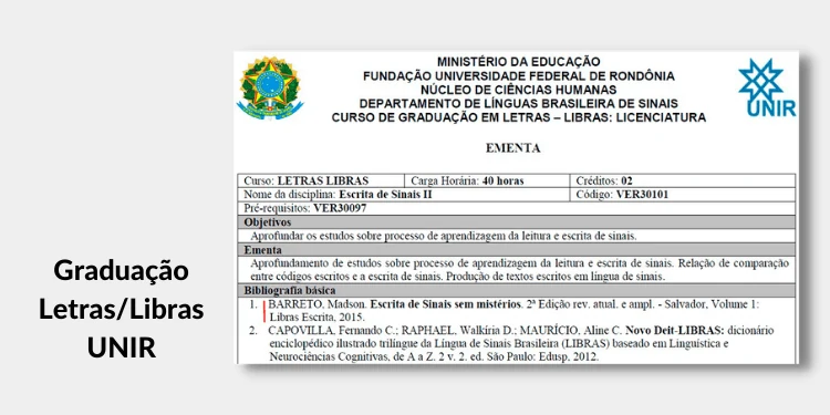 Print de graduação citando o livro Escrita de Sinais sem Mistérios: Graduação Letras-Libras UNIR