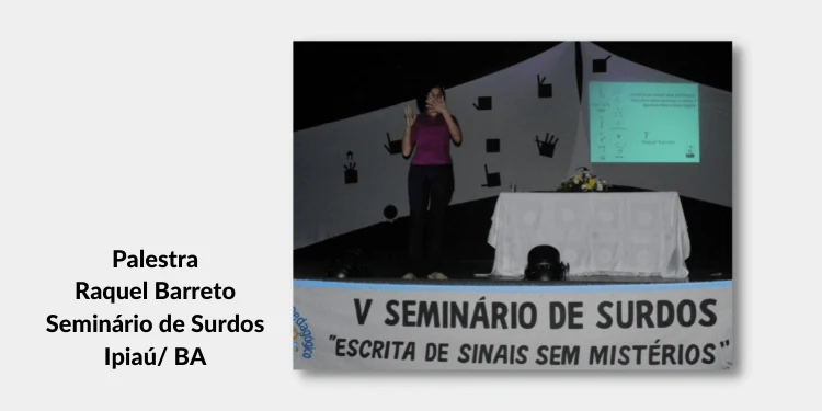Print de palestra citando o livro Escrita de Sinais sem Mistérios: Palestra Raquel Ipiau-BA