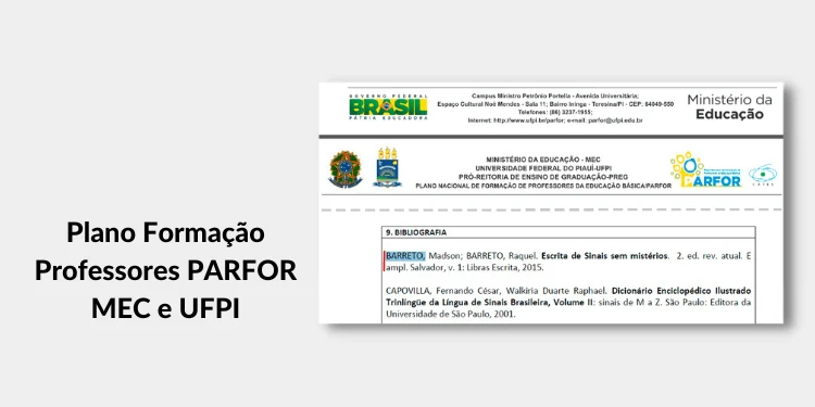 Print de formação de professores citando o livro Escrita de Sinais sem Mistérios: Plano Formação Professores PARFOR MEC e UFPI