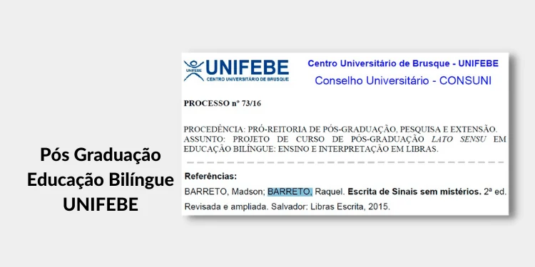 Print de graduação citando o livro Escrita de Sinais sem Mistérios: Pós Graduação Educação Bilíngue UNIFEBE