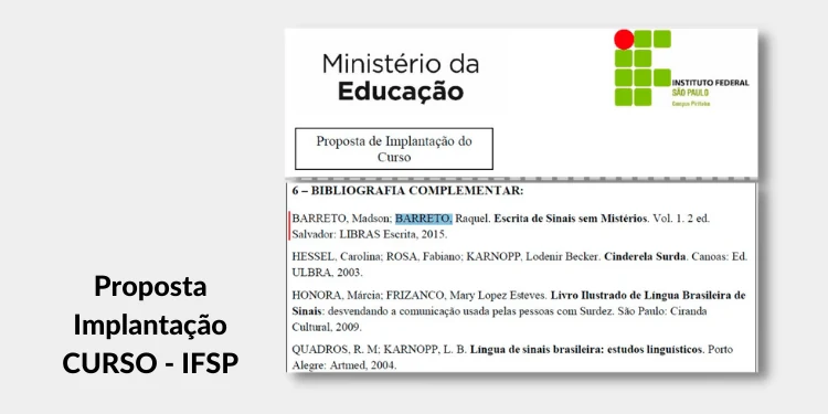 Print de proposta de curso citando o livro Escrita de Sinais sem Mistérios: Proposta Implantação CURSO - IFSP