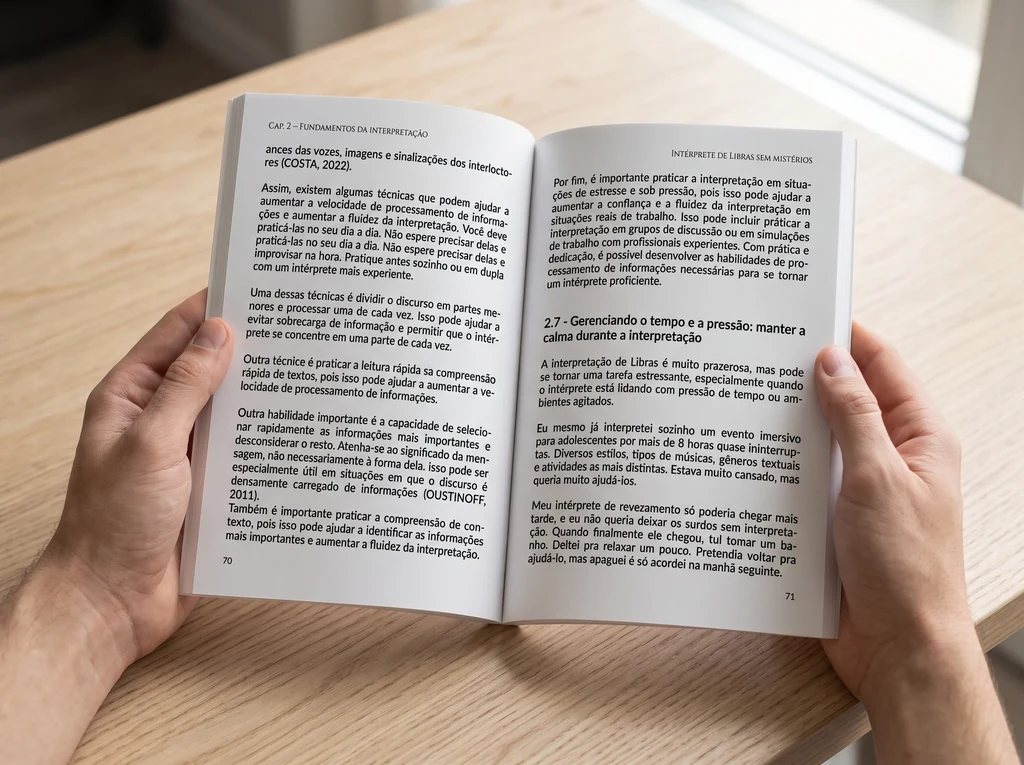 Páginas 70 e 71 do livro abertas nas mãos do leitor, no item 2.7, sobre gerenciar tempo e pressão durante a interpretação