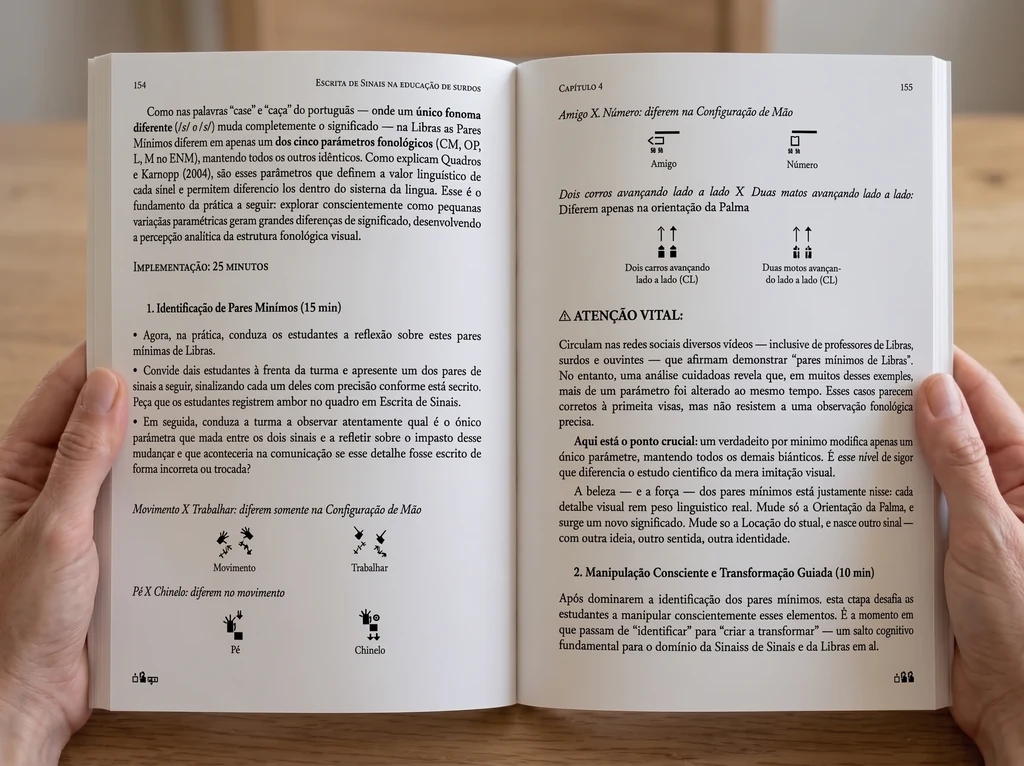 Páginas 154 e 155 do livro, capítulo 4, mostrando 4 pares mínimos de sinais em Escrita de Sinais: Movimento e Trabalhar, Pé e Chinelo, Amigo e Número, dois carros e duas motos avançando lado a lado