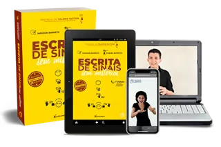 Composição do Combo Escrita de Sinais Total: livro impresso, tablet, notebook e celular com as aulas