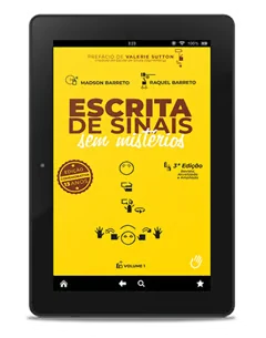 Tablet exibindo a capa do livro digital Escrita de Sinais sem Mistérios, 3ª edição