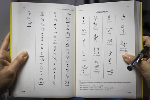 Livro aberto na página do Glossário, com mãos segurando o livro e uma caneta apontando