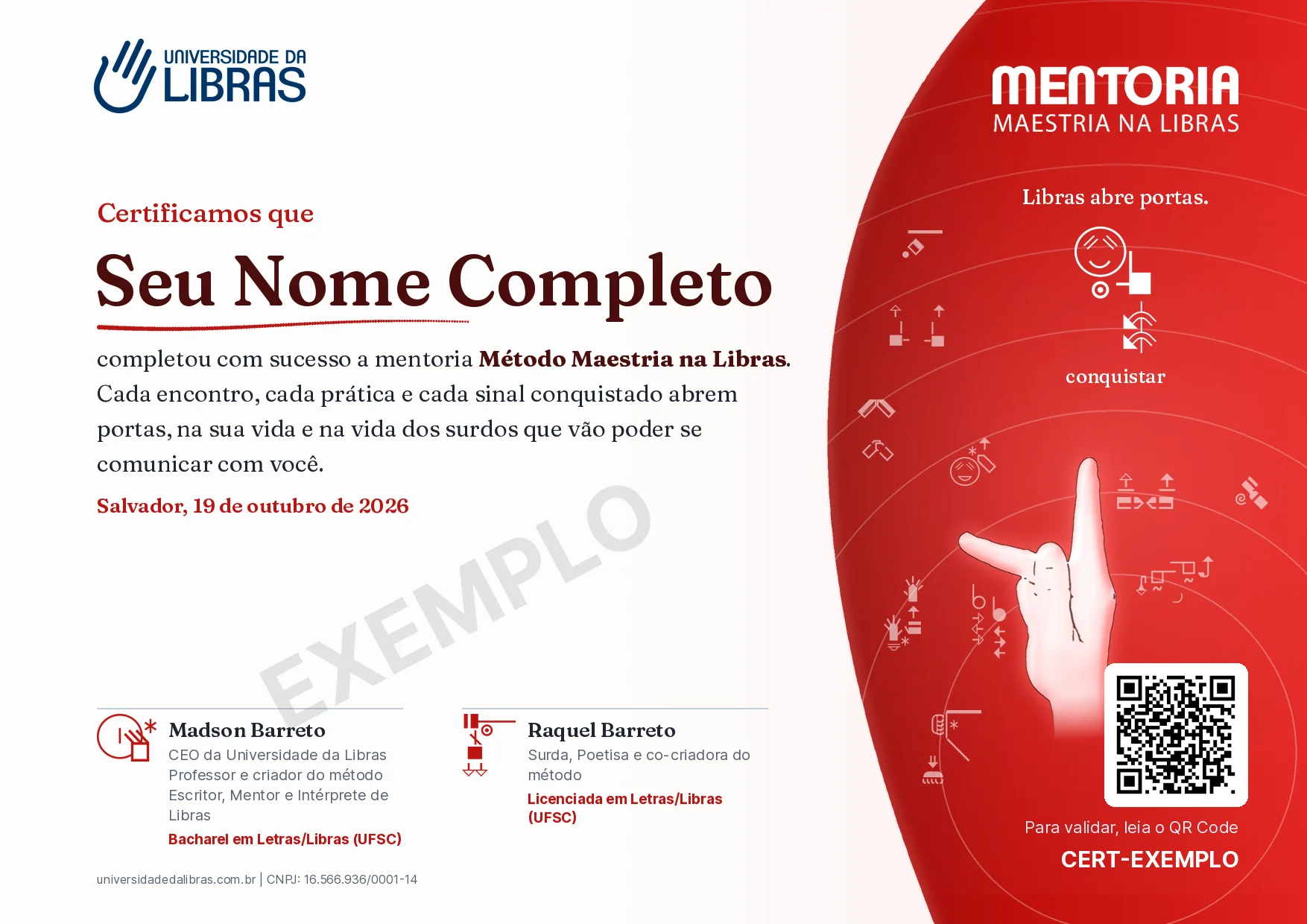 Certificado de exemplo da Mentoria Maestria na Libras, Ciclo 1