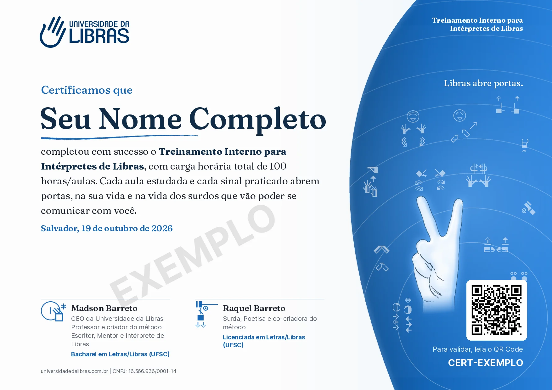 Certificado do Treinamento Interno para Intérpretes de Libras, 100 horas