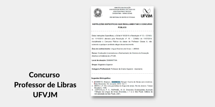 Print de edital de concurso citando o livro Escrita de Sinais sem Mistérios: Concurso Professor de Libras UFVJM