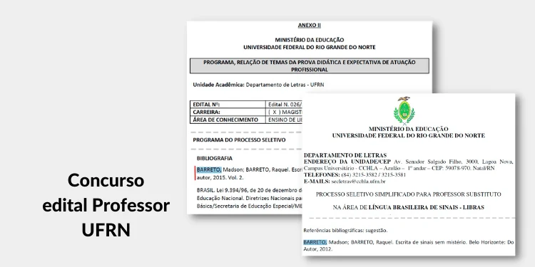 Print de edital de concurso citando o livro Escrita de Sinais sem Mistérios: Concurso edital Professor UFRN