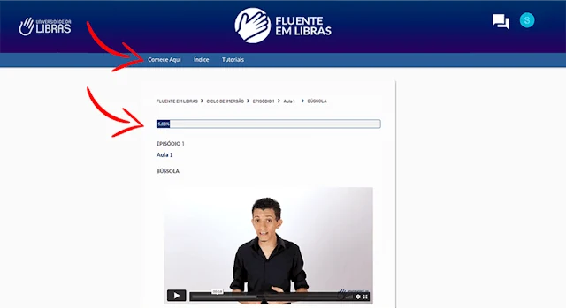 Submenu de navegação e progresso das aulas